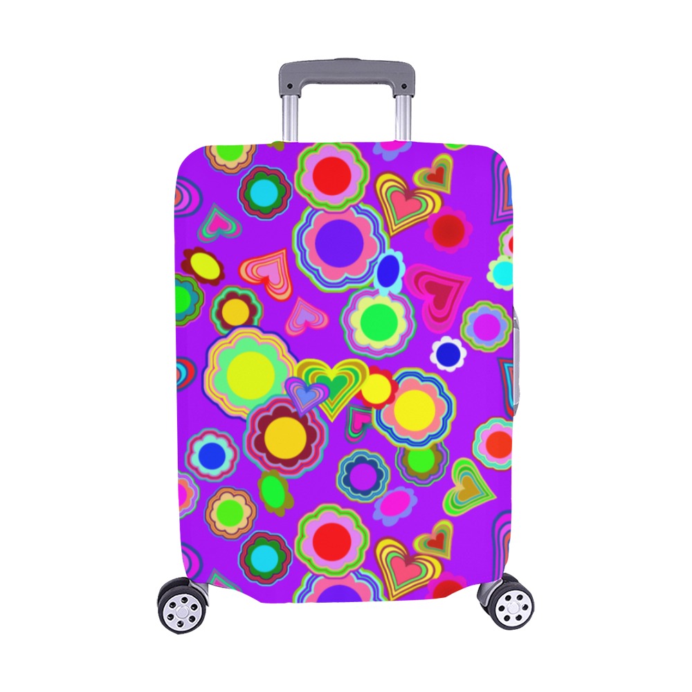 Groovy Hearts and Flowers Purple Luggage Cover/Medium 22"-25"