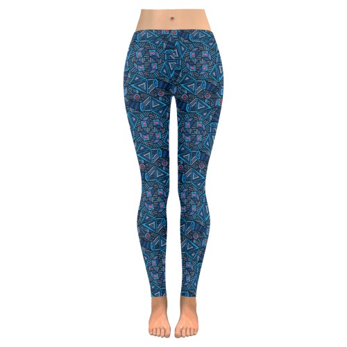 Blue Doodles - Hearts And Smiles Women's Low Rise Leggings (Invisible Stitch) (Model L05)
