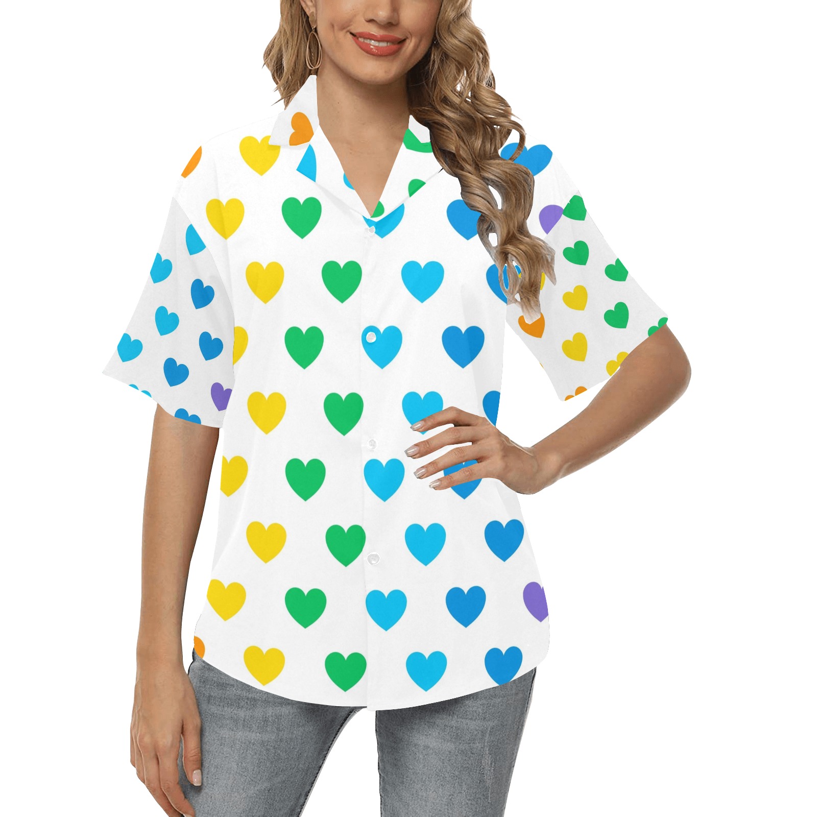 Rainbow Hearts - Courtesy of Raw Pixel All Over Print Hawaiian Shirt for Women (Model T58)