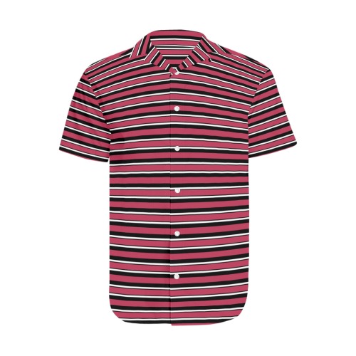 Magenta, Black and White Stripes Men's Short Sleeve Shirt with Lapel Collar (Model T54)