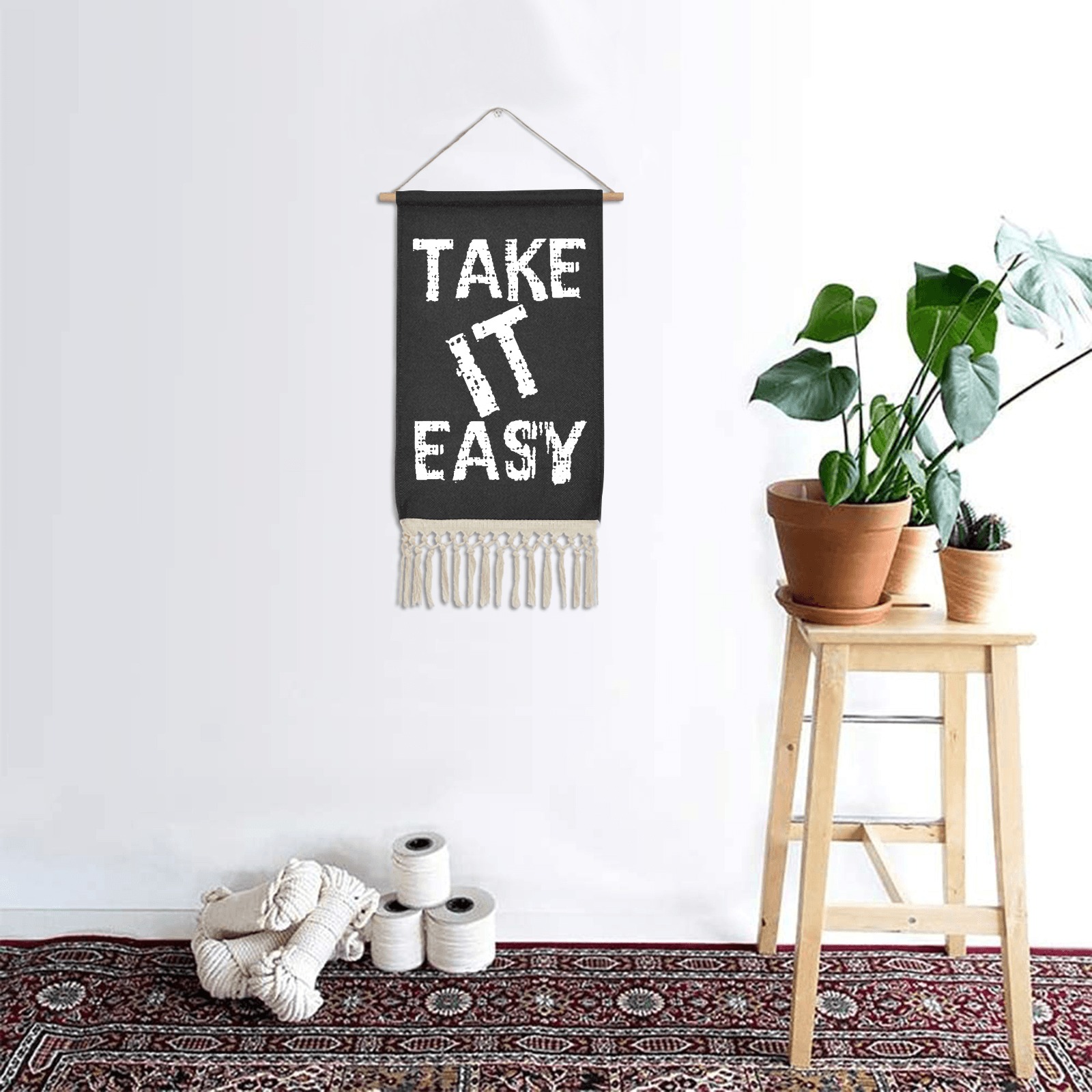 Take it easy charming white text, typography art. Linen Hanging Poster