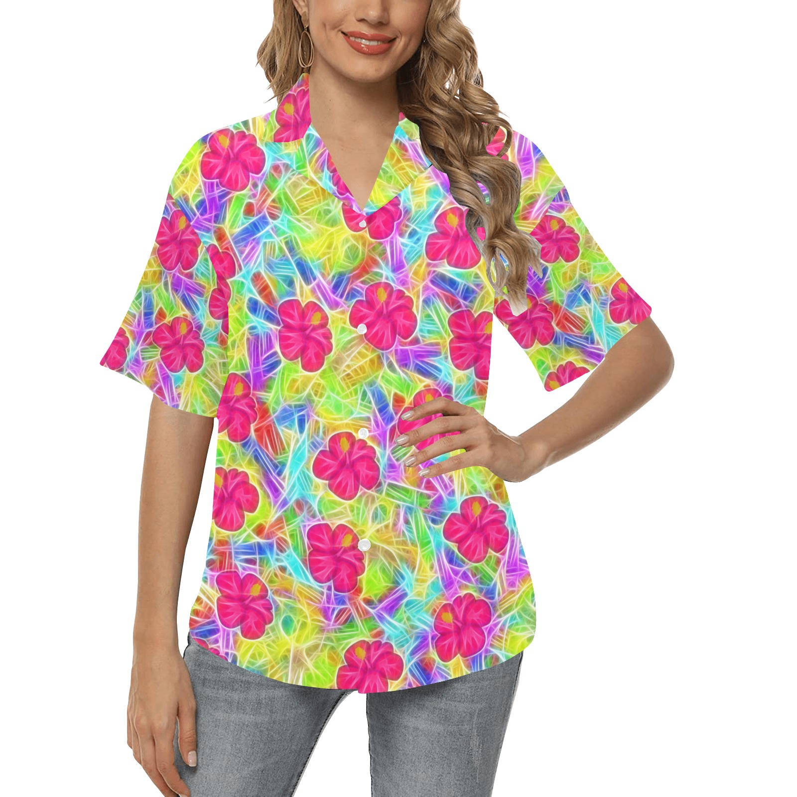 Pink Hawaiian Flowers Pattern All Over Print Hawaiian Shirt for Women (Model T58)