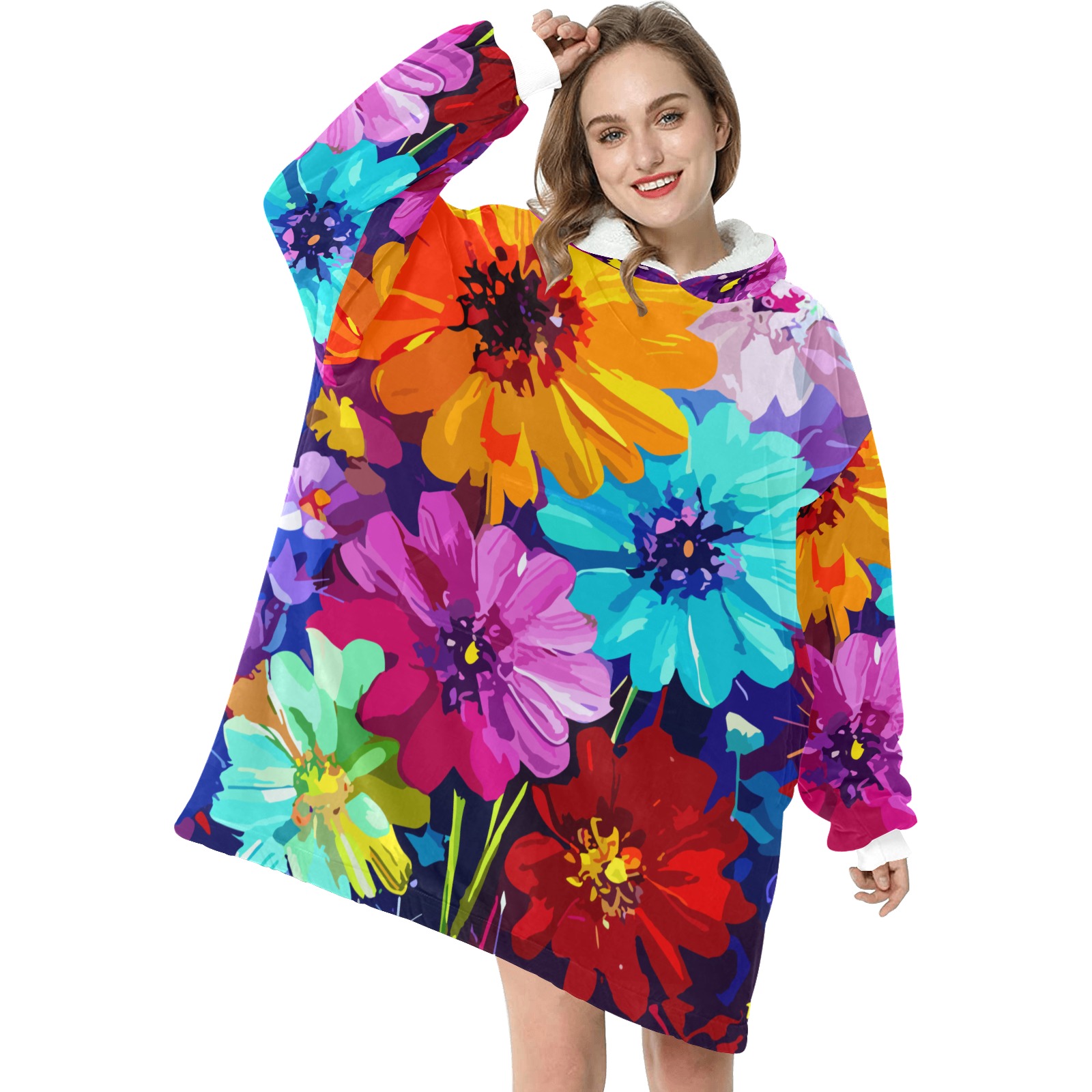 Bunch of colorful fantasy flowers positive art Blanket Hoodie for Women