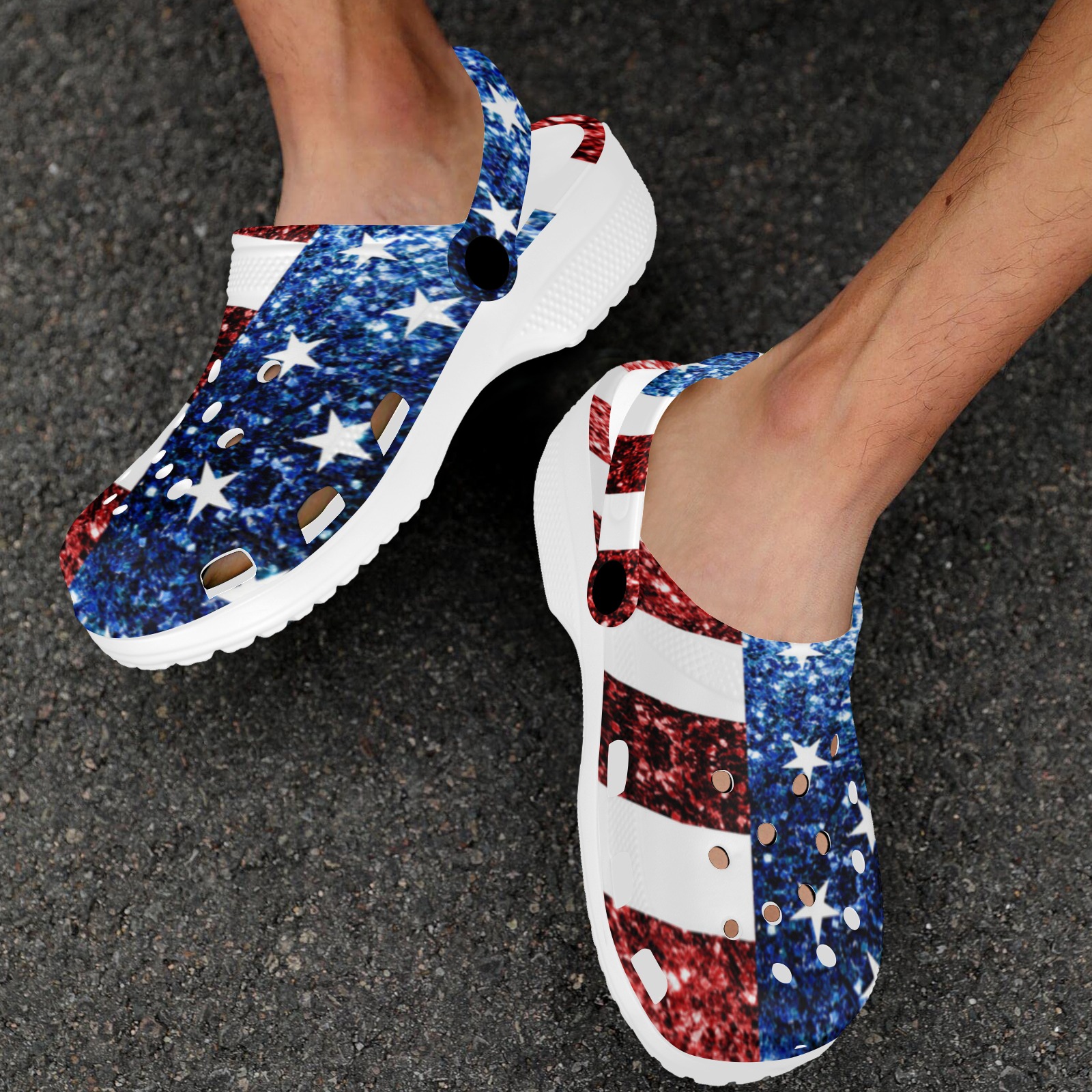 Sparkly USA flag America Red White Blue faux Sparkles patriotic bling 4th of July Custom Print Foam Clogs for Adults