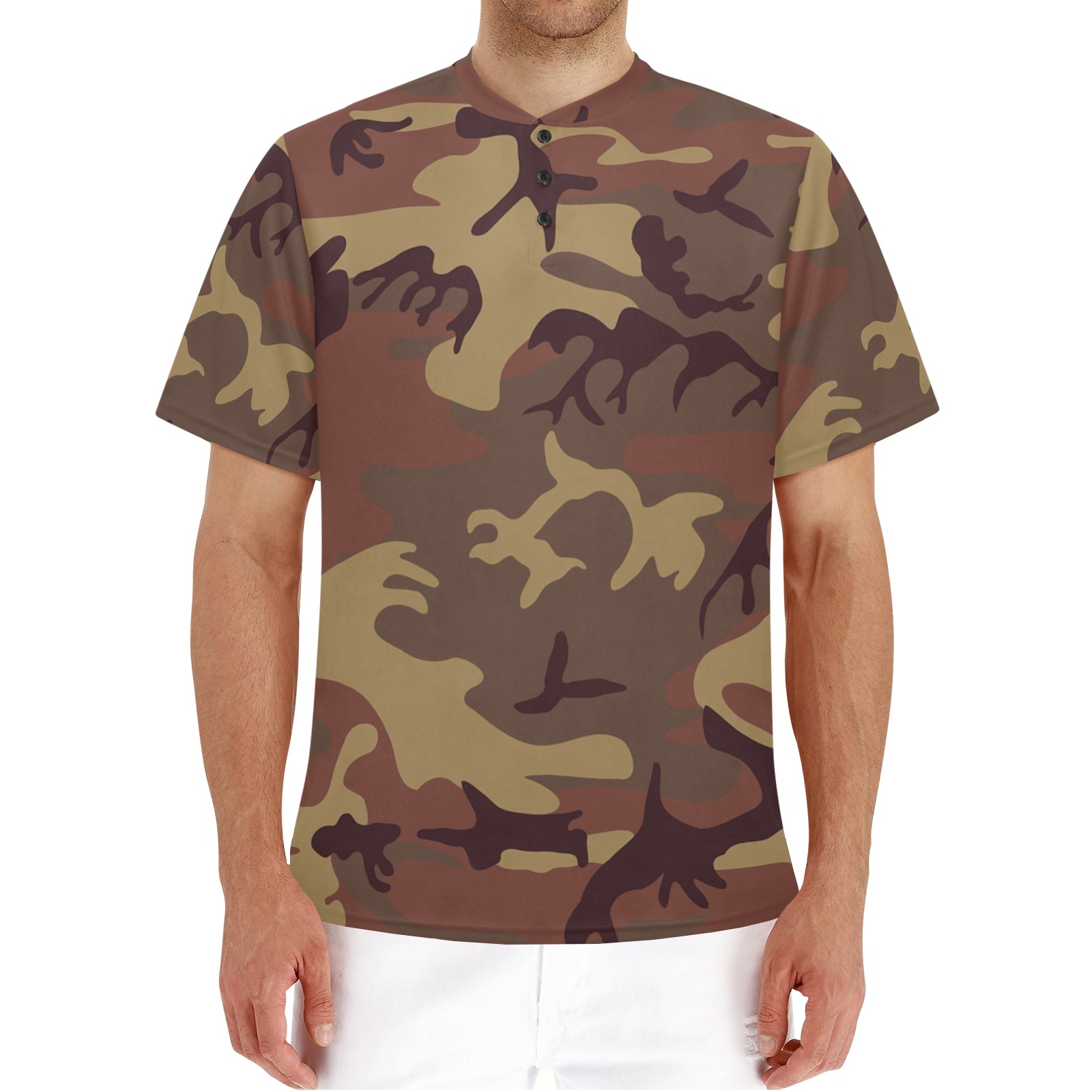 Camo Dark Brown Men's Henley T-Shirt (Model T75)