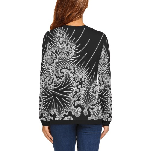 White and Silver Lace on Black Fractal Abstract All Over Print Crewneck Sweatshirt for Women (Model H18)