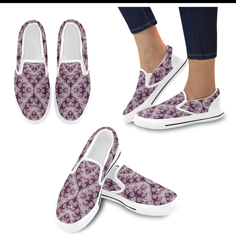 White Lace on Maroon Fractal Abstract Women's Slip-on Canvas Shoes (Model 019)