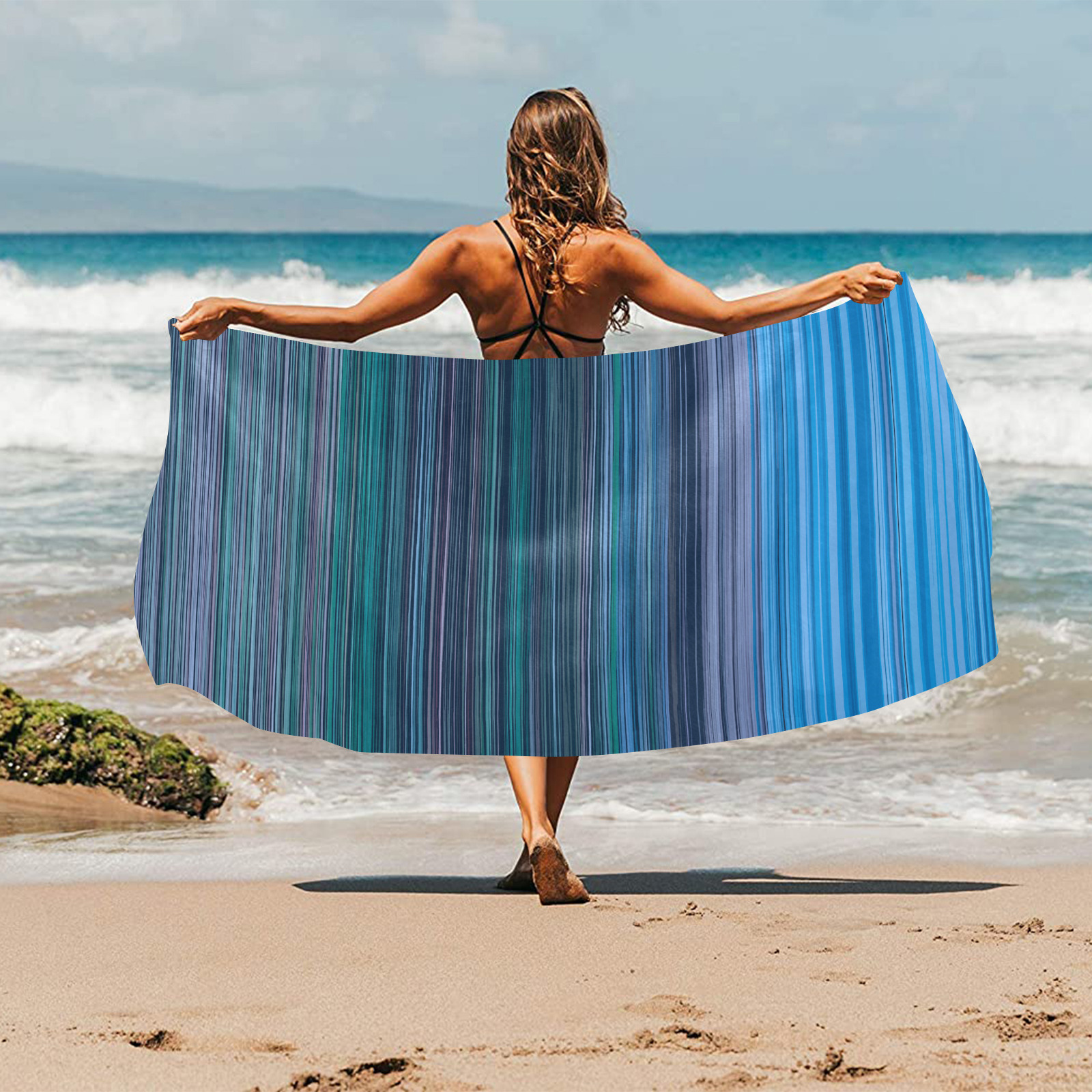 Abstract Blue Horizontal Stripes Beach Towel 32"x 71"