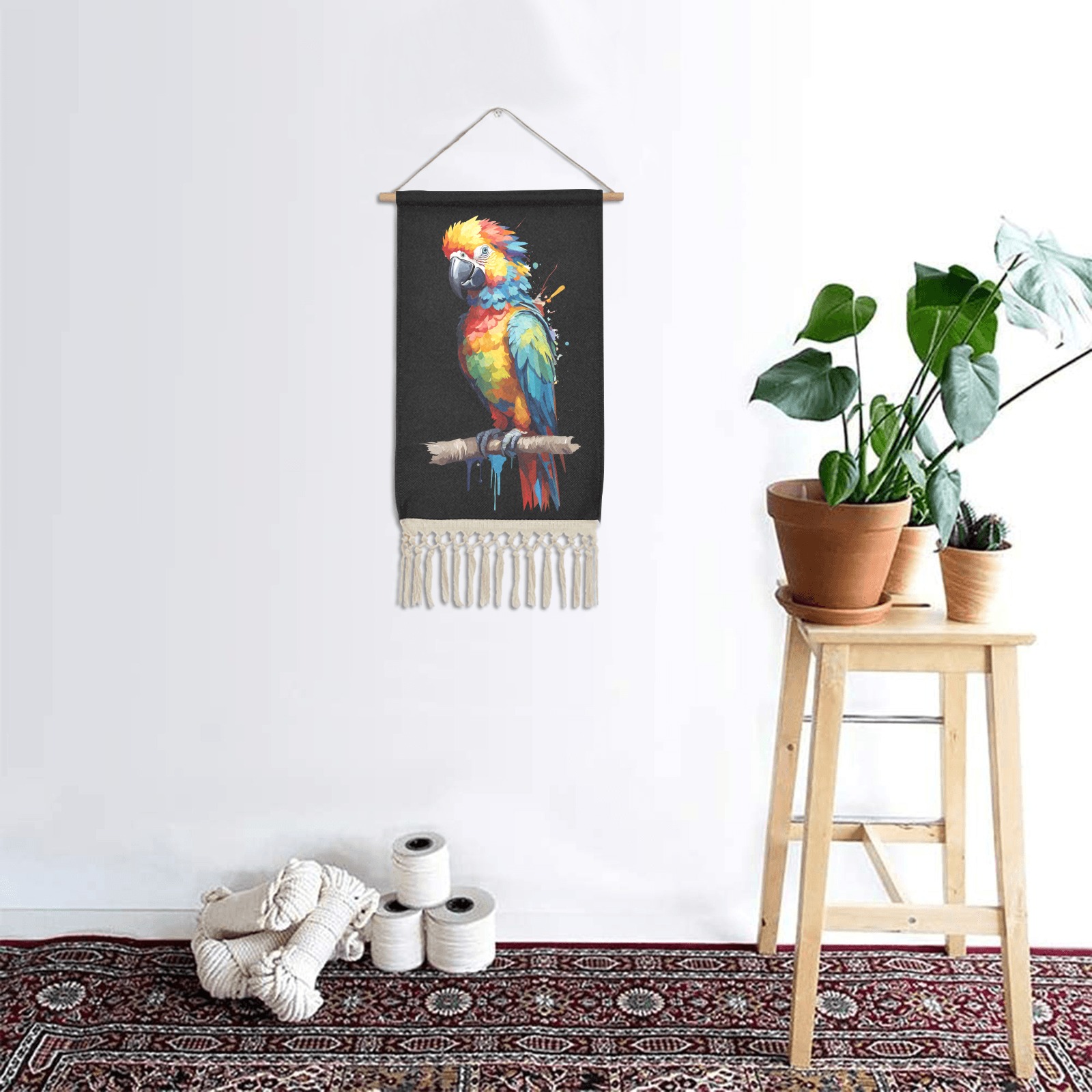 Amazing colorful parrot bird and artistic paint. Linen Hanging Poster