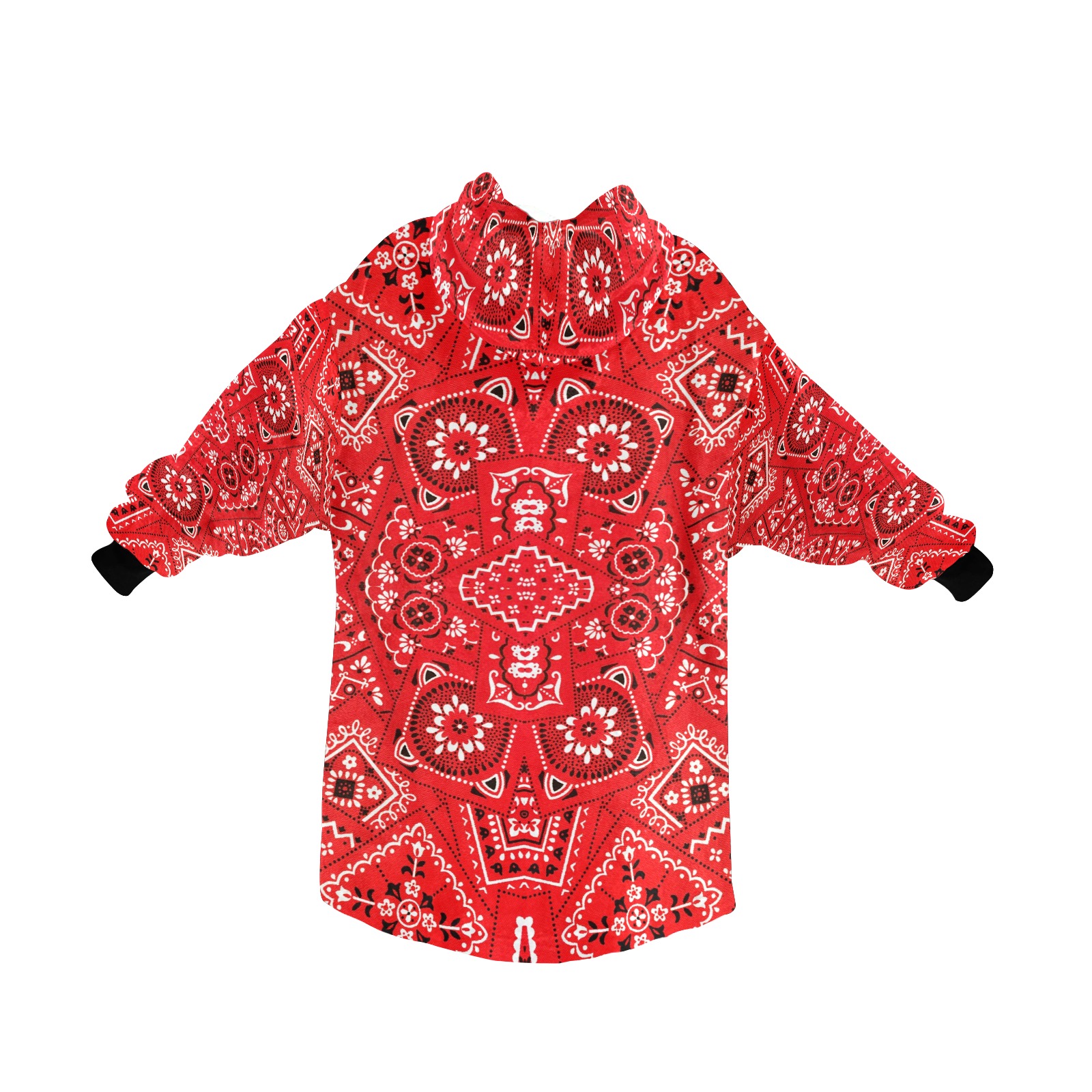 Red Bandana Squares / Black Cuff Blanket Hoodie for Women