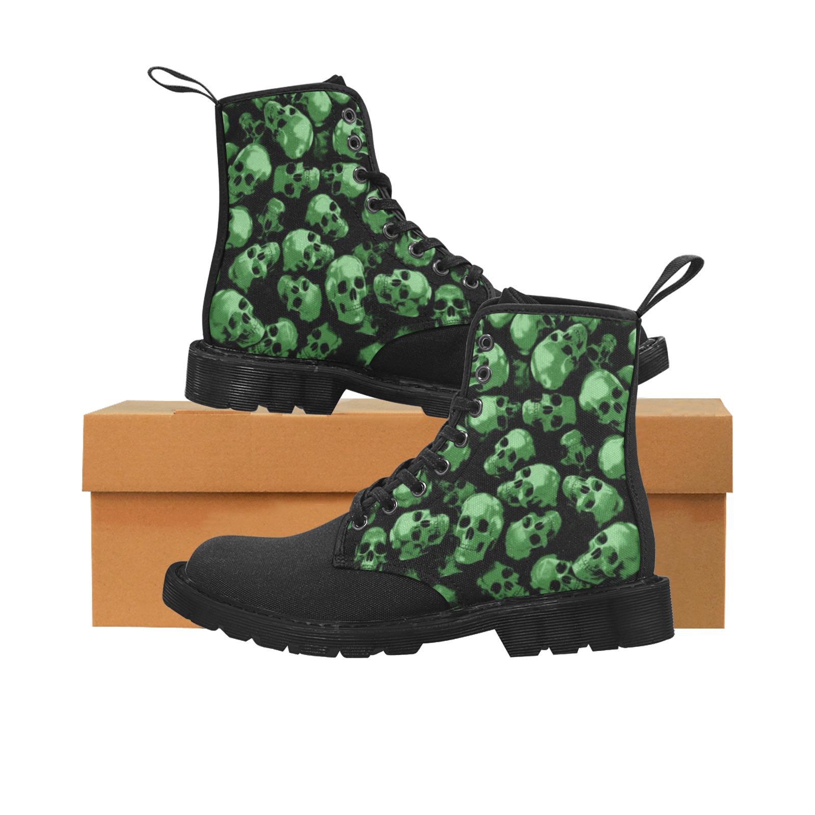 SKULLS - GREEN Martin Boots for Women (Black) (Model 1203H)