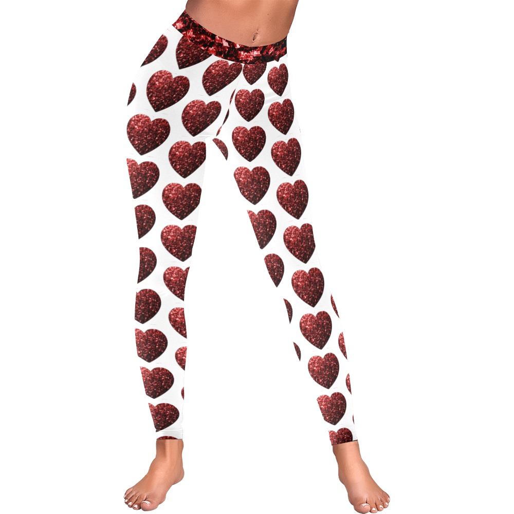 Red sparkles heart faux glitter Valentines Day love pattern on white Women's Low Rise Leggings (Invisible Stitch) (Model L05)