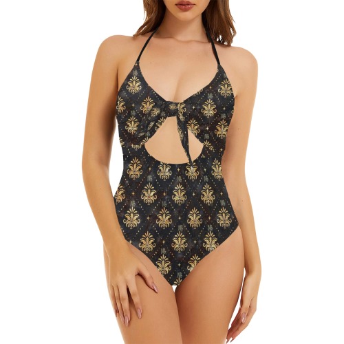 Royal Pattern by Nico Bielow Backless Hollow Out Bow Tie Swimsuit (Model S17)