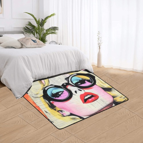 Erin is Watching Retro Glam Pop Art Lady Vintage Beauty in Glasses Avant Garde Midmod Home Decor Area Rug with Black Binding 5'3''x4'