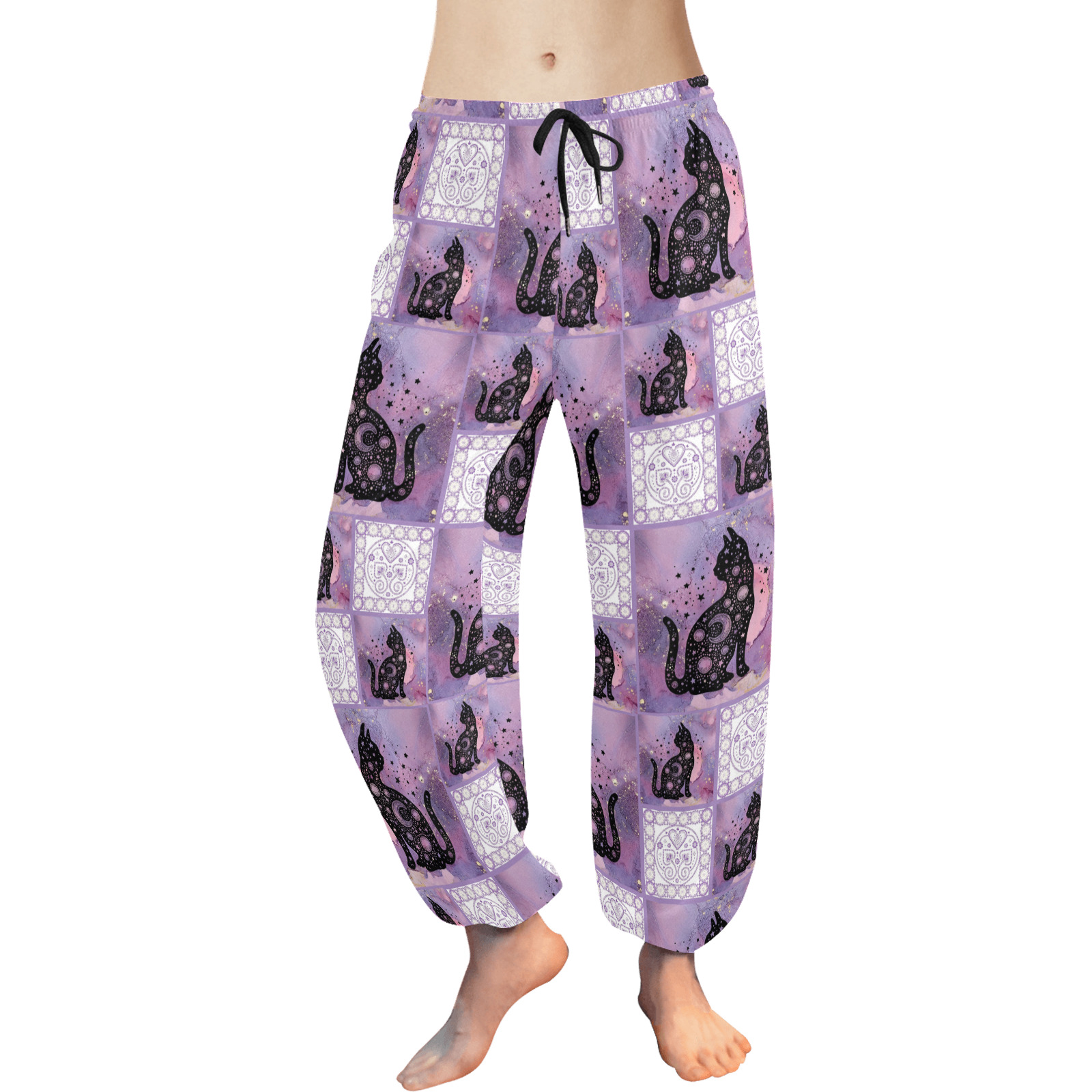 Purple Cosmic Cats Patchwork Pattern Women's All Over Print Harem Pants (Model L18)