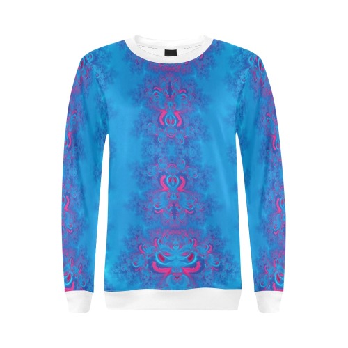 Blue Flowers on the Ocean Frost Fractal All Over Print Crewneck Sweatshirt for Women (Model H18)