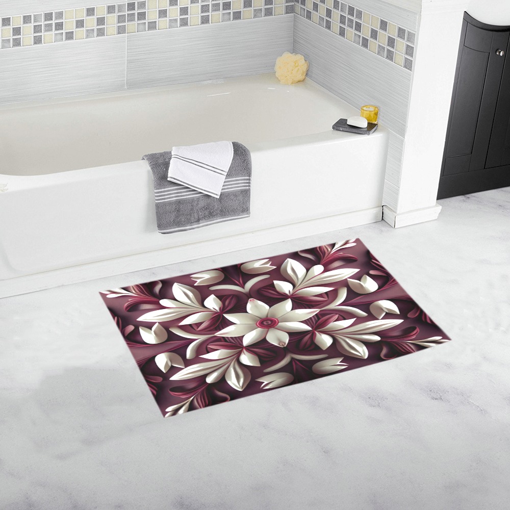 burgundy and white flower pattern Bath Rug 16''x 28''