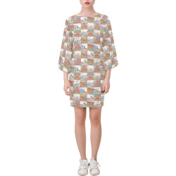 Big Pink and White World travel Collage Pattern Bell Sleeve Dress (Model D52)