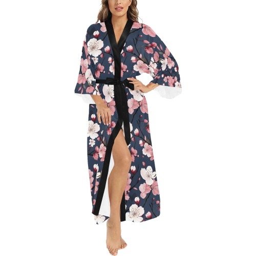 Cherry Blossoms  And Navy Pattern Long Kimono Robe
