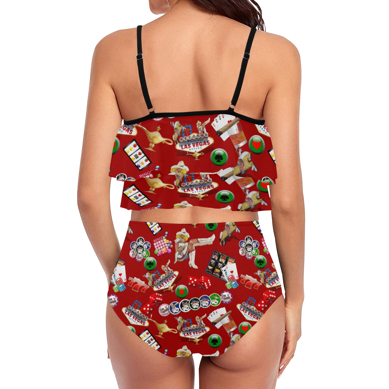 Las Vegas Gamblers Delight - Red High Waisted Double Ruffle Bikini Set (Model S34)