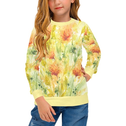 Wild Flowers Orange and Green Watercolor Iva West Girls' All Over Print Crew Neck Sweater (Model H49)