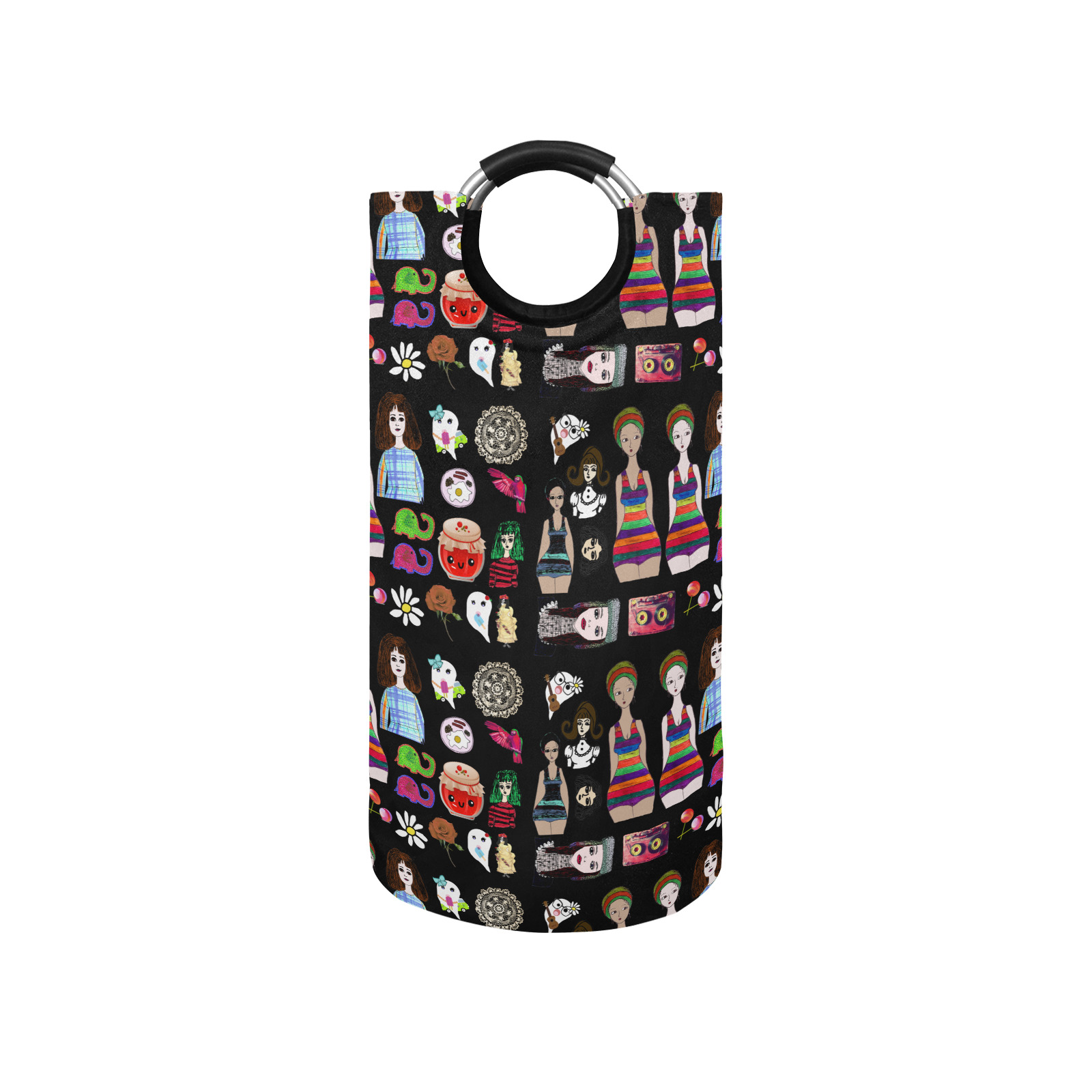 drawing collage black Round Laundry Bag
