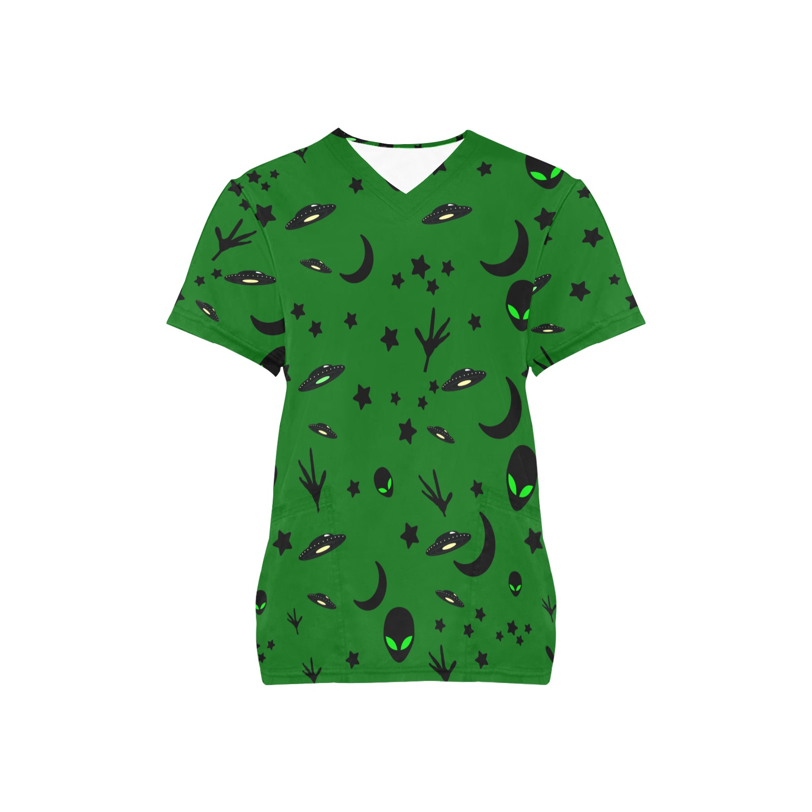 Aliens and Spaceships on Green All Over Print Scrub Top