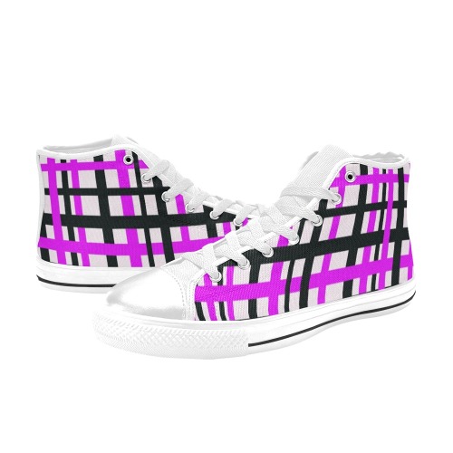 Interlocking Stripes Black White Pink High Top Canvas Shoes for Kid (Model 017)