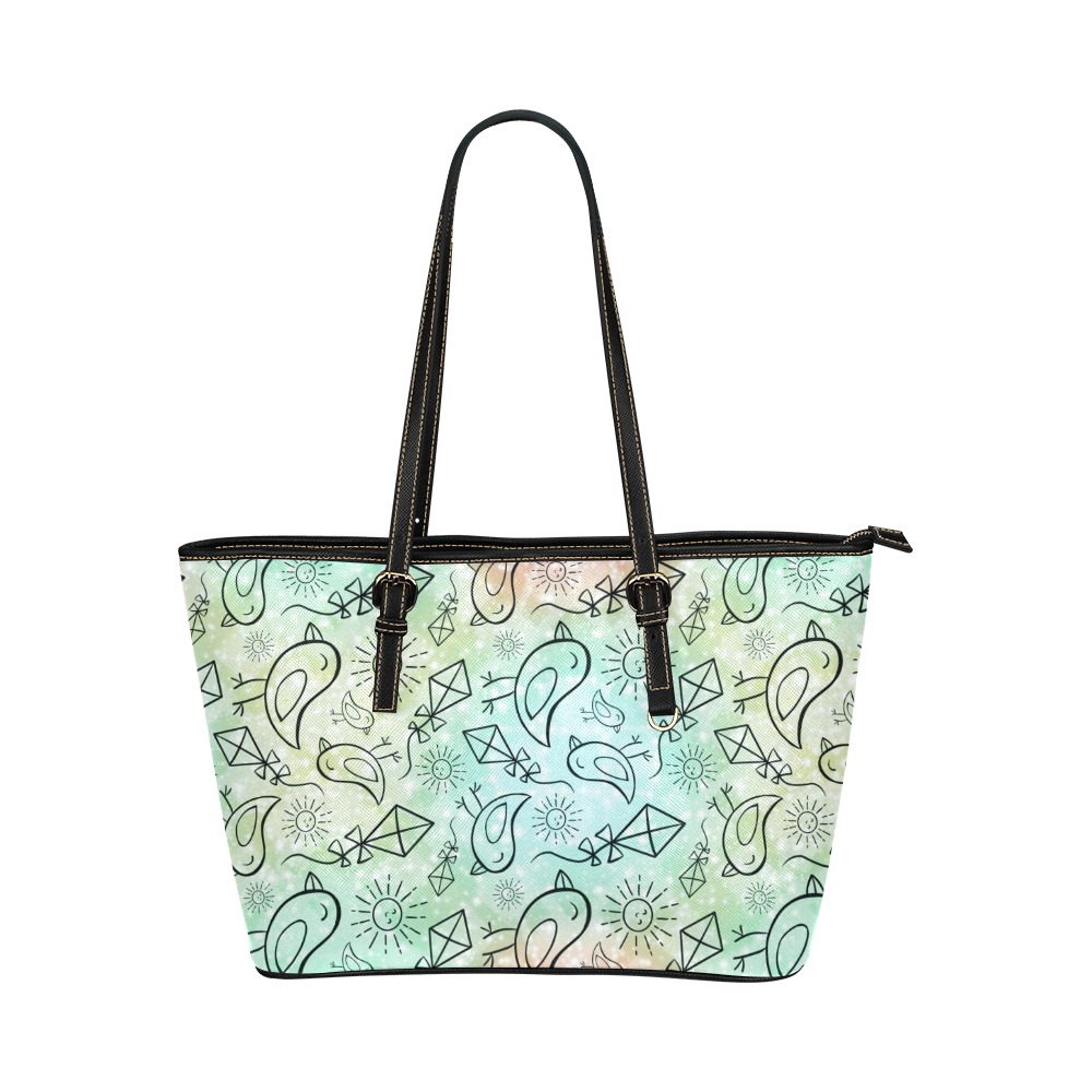 Carefree birdie print in sparkly silver Leather Tote Bag/Large (Model 1651)