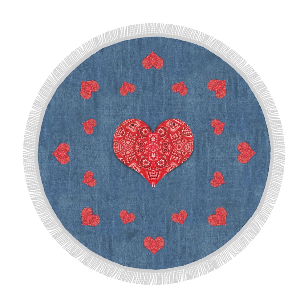 Red Bandana Hearts on Denim-Look Circular Beach Shawl 59"x 59"