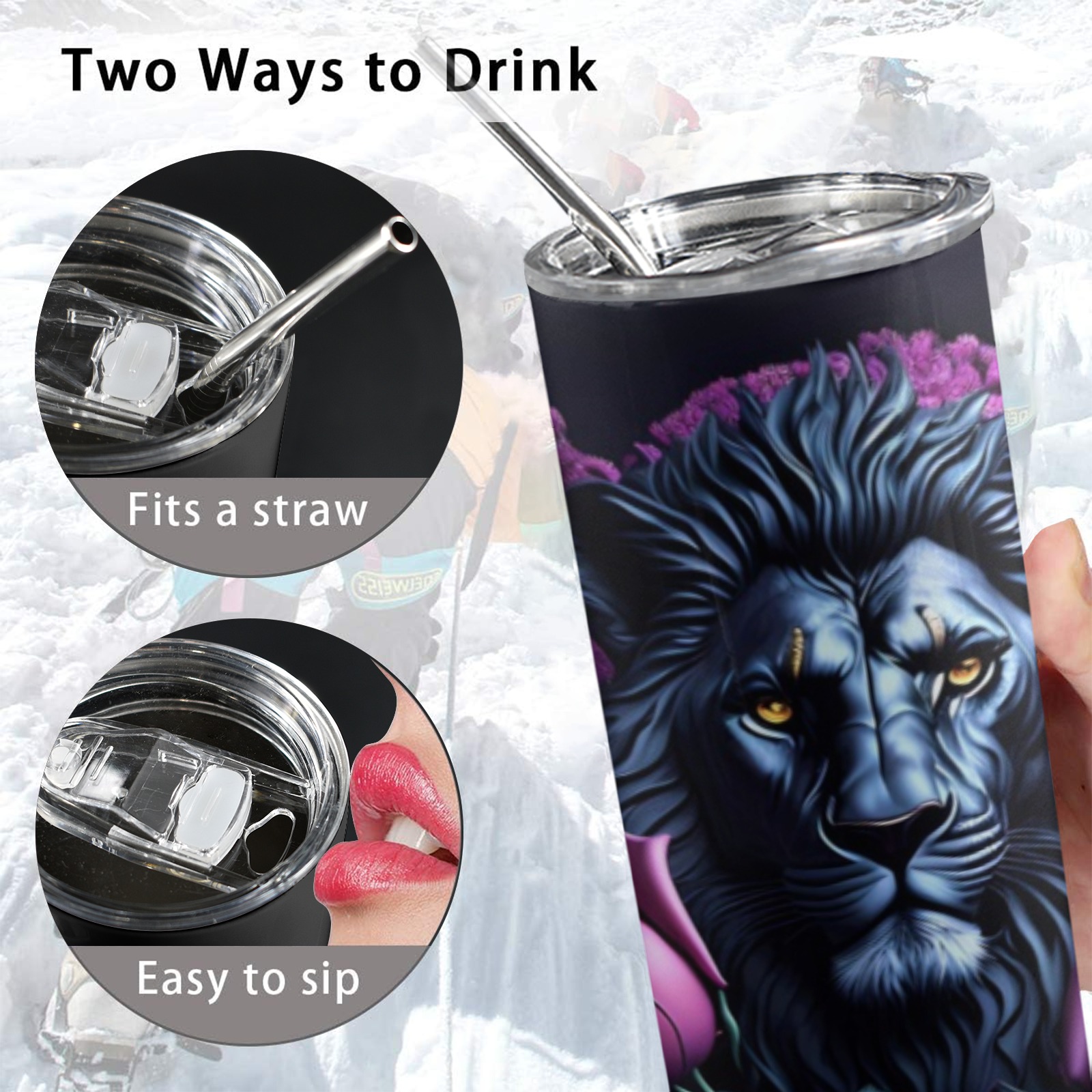 Lion With Purple Roses - 20oz Tall Skinny Tumbler with Lid and Straw
