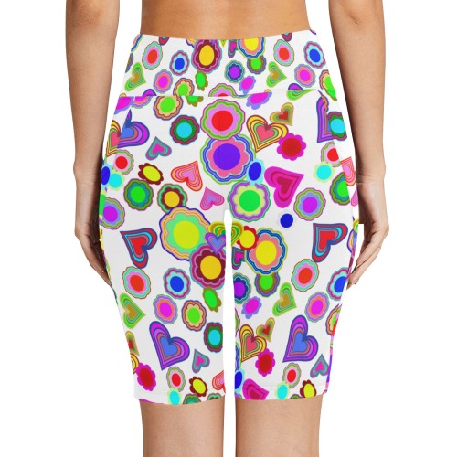 Groovy Hearts and Flowers White Women's Workout Half Tights (Model L42)