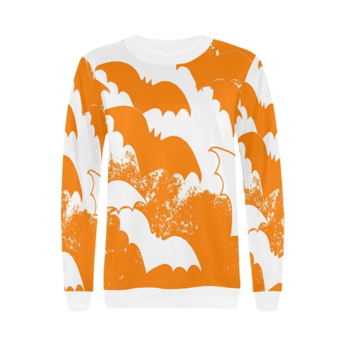 White Bats In Flight Orange Women's Rib Cuff Crew Neck Sweatshirt (Model H34)