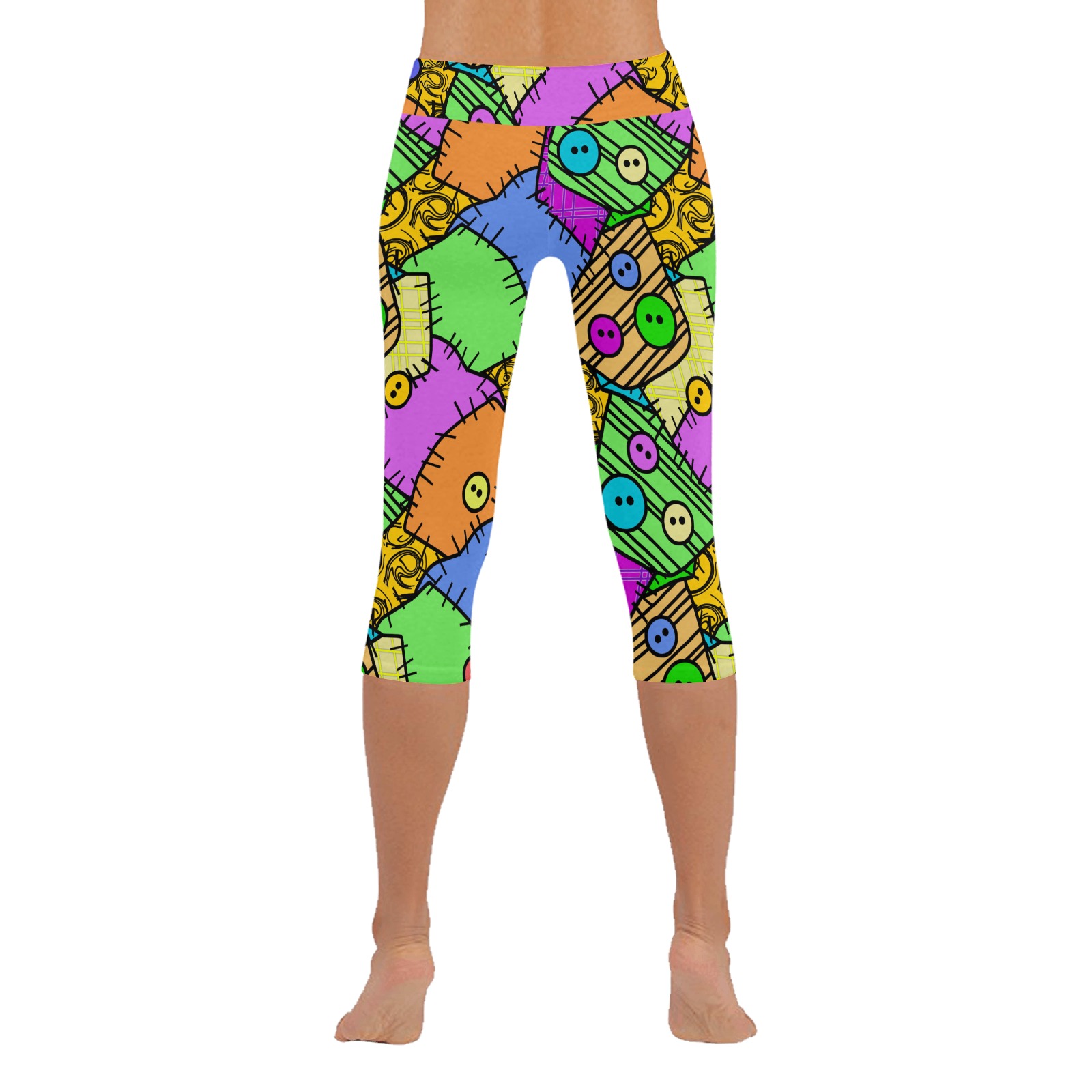 Sally Buttons and Patches Halloween Women's Low Rise Capri Leggings (Invisible Stitch) (Model L08)