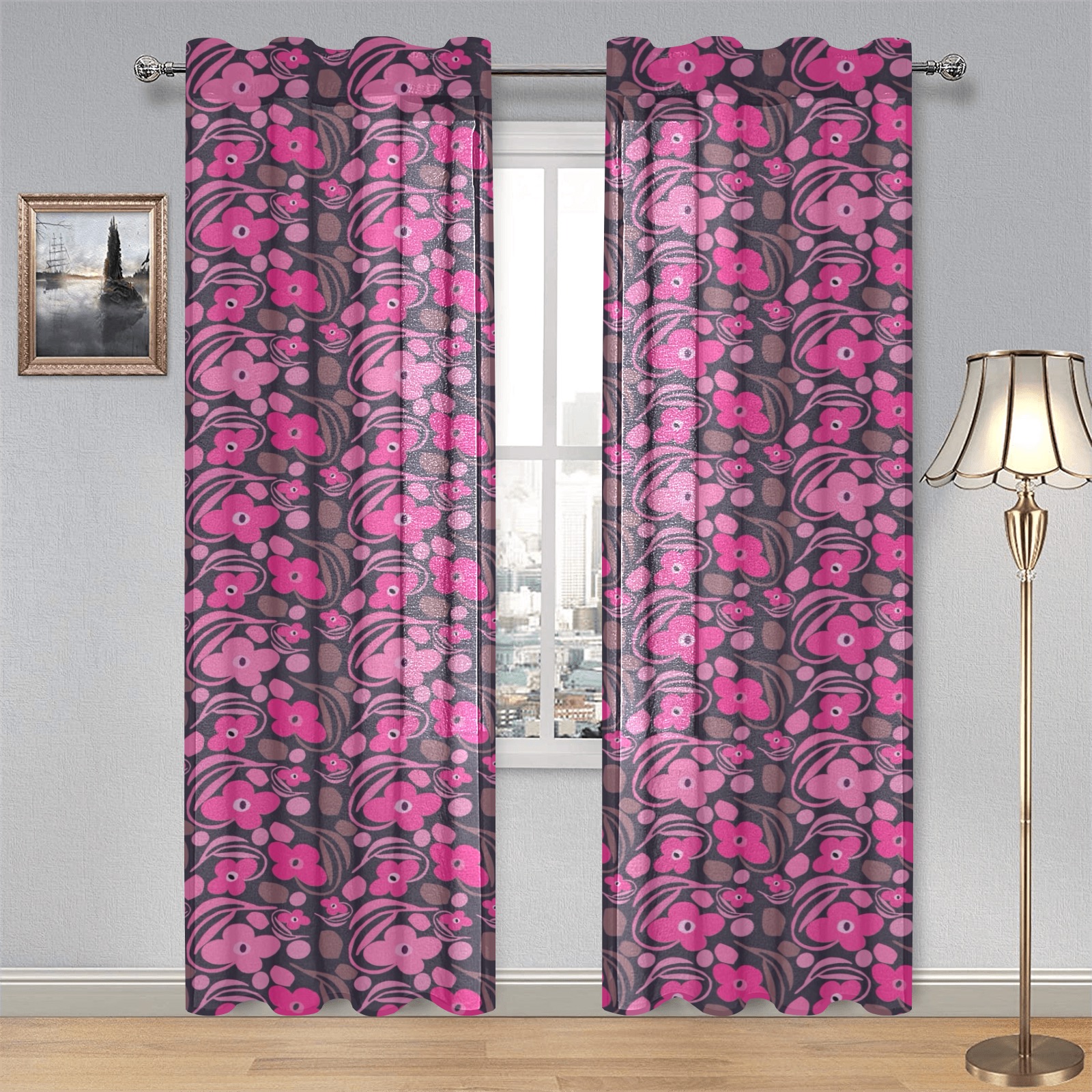 Retro pink floral Gauze Curtain 28"x84" (Two-Piece)