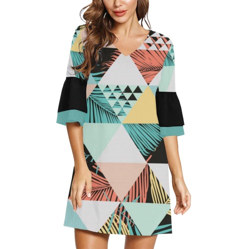Tropical Geometric Half Sleeves V-Neck Mini Dress (Model D63)