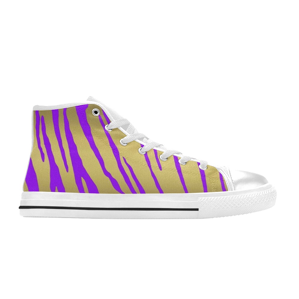 Gold Tiger Stripes Purple High Top Canvas Shoes for Kid (Model 017)