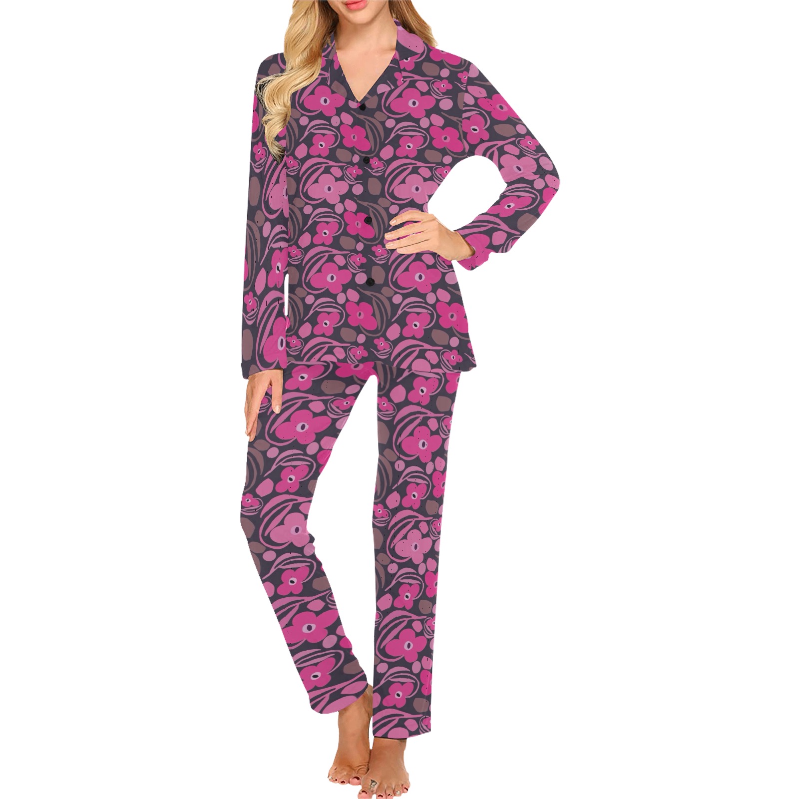 Retro pink floral Women's Long Pajama Set