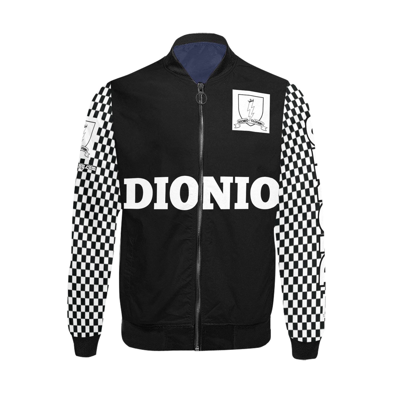 DIONIO Clothing - Checkered Armed Black & White Bomber Jacket (White Big DIONIO LOGO) All Over Print Bomber Jacket for Men (Model H31)