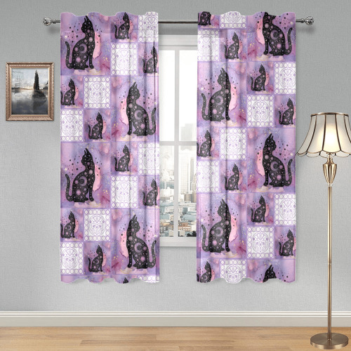 Purple Cosmic Cats Patchwork Pattern Gauze Curtain 28"x63" (Two-Piece)