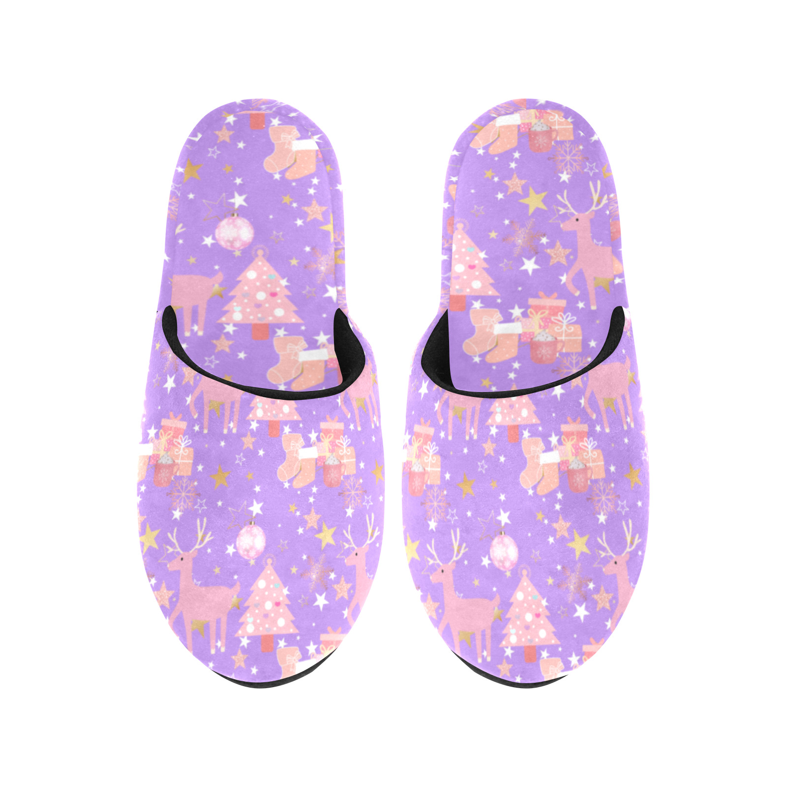 Pink and Purple and Gold Christmas Design Women's Cotton Slippers (Model 0601)