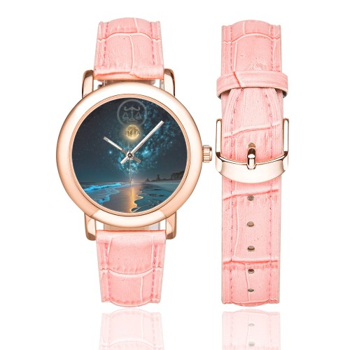 Moon with Libra Women's Rose Gold Leather Strap Watch(Model 201)