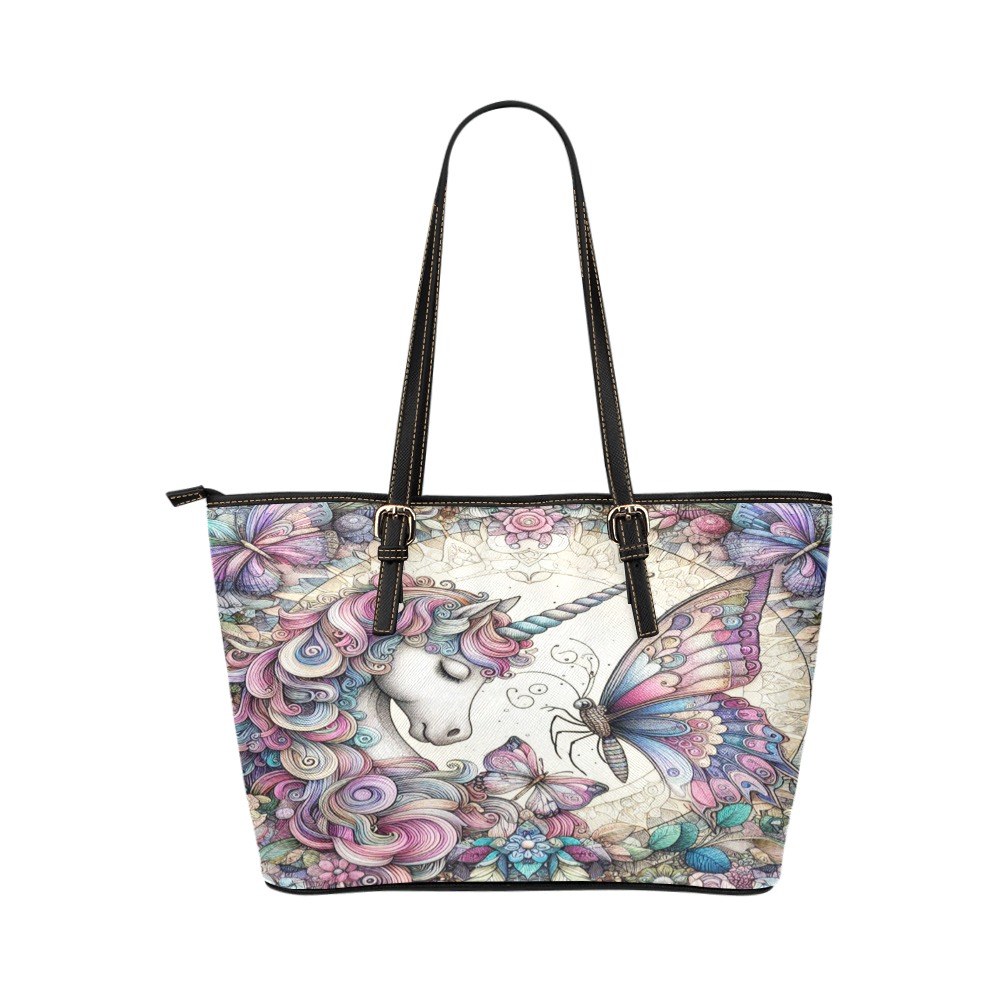 The Unicorn And Butterfly Leather Tote Bag/Small (Model 1651)