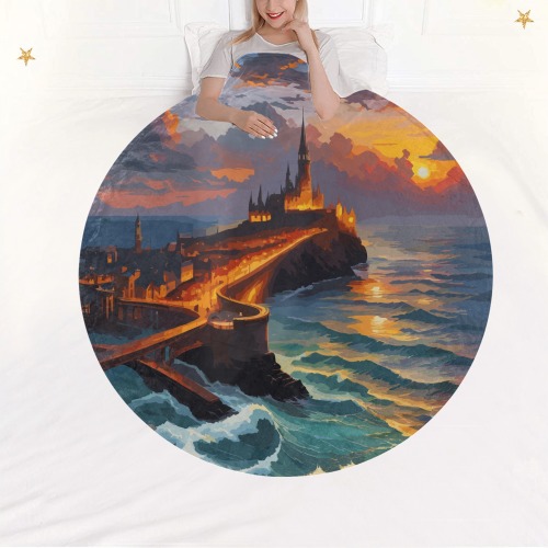 Dark fantasy city by the ocean at sunset cool art. Circular Ultra-Soft Micro Fleece Blanket 60"