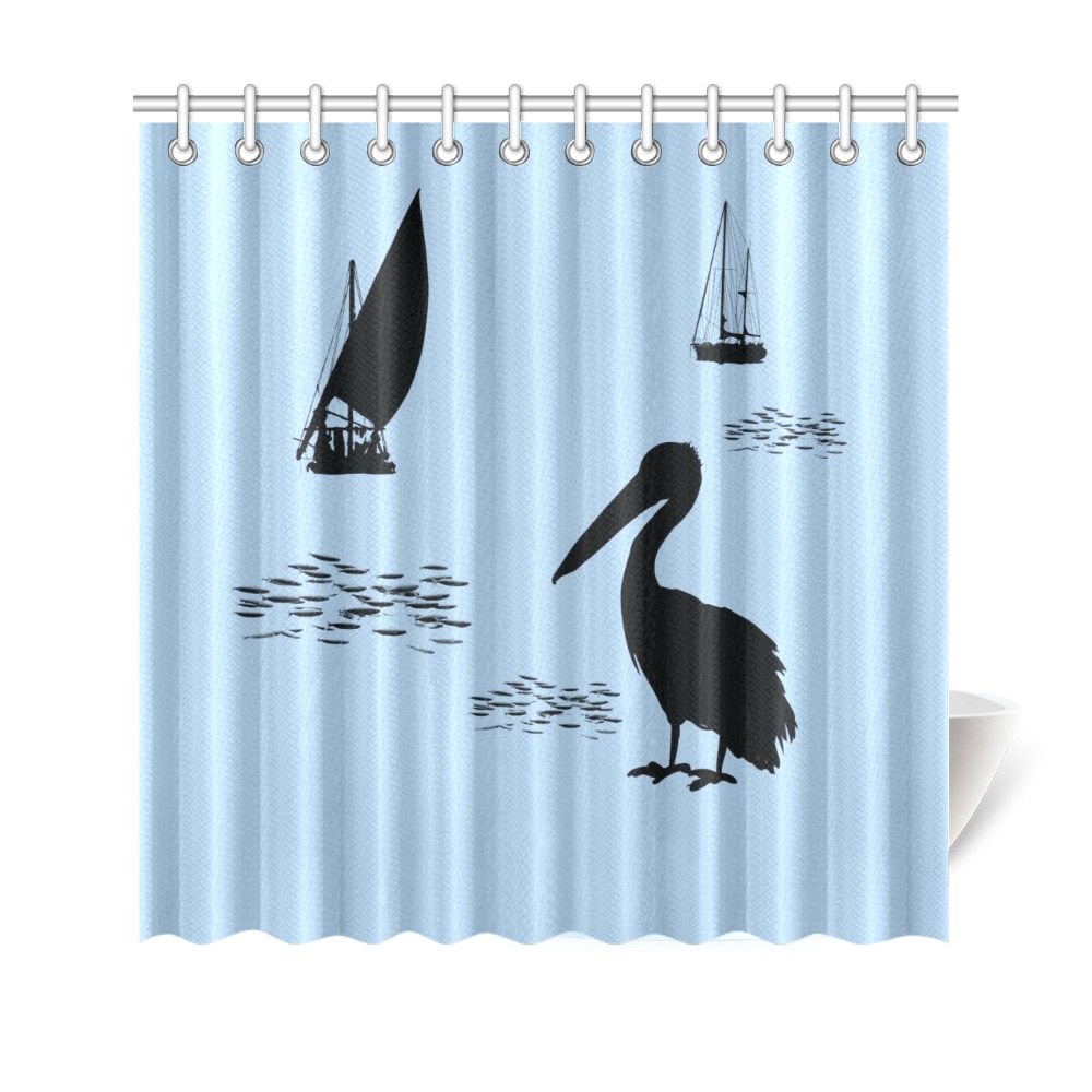 Pelican and Fishing Boats on Blue Shower Curtain 69"x70"
