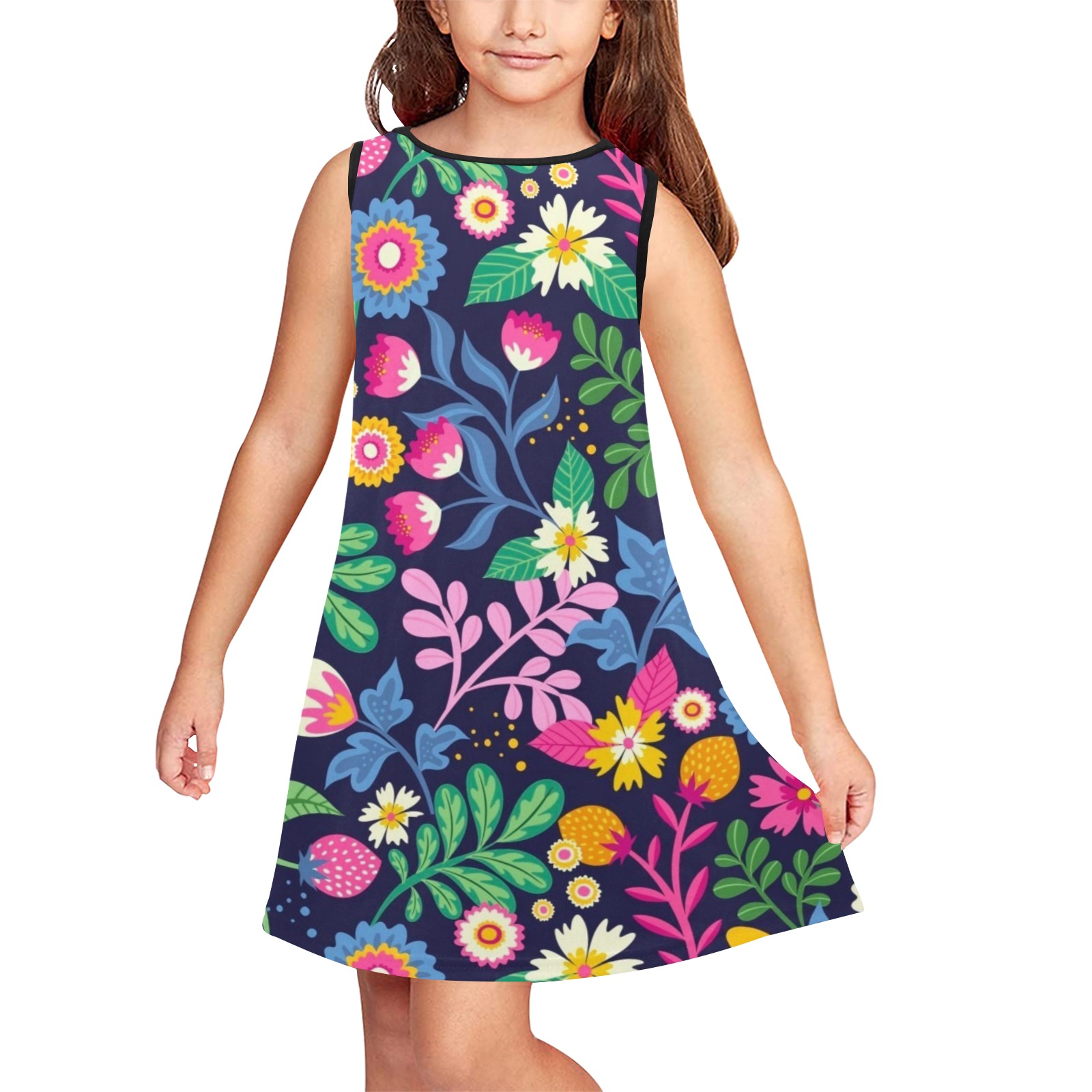 Cute Retro Mod Flowers Girls' Sleeveless Dress (Model D58)