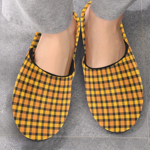 Orange Black Plaid Men's Cotton Slippers (Model 0601)