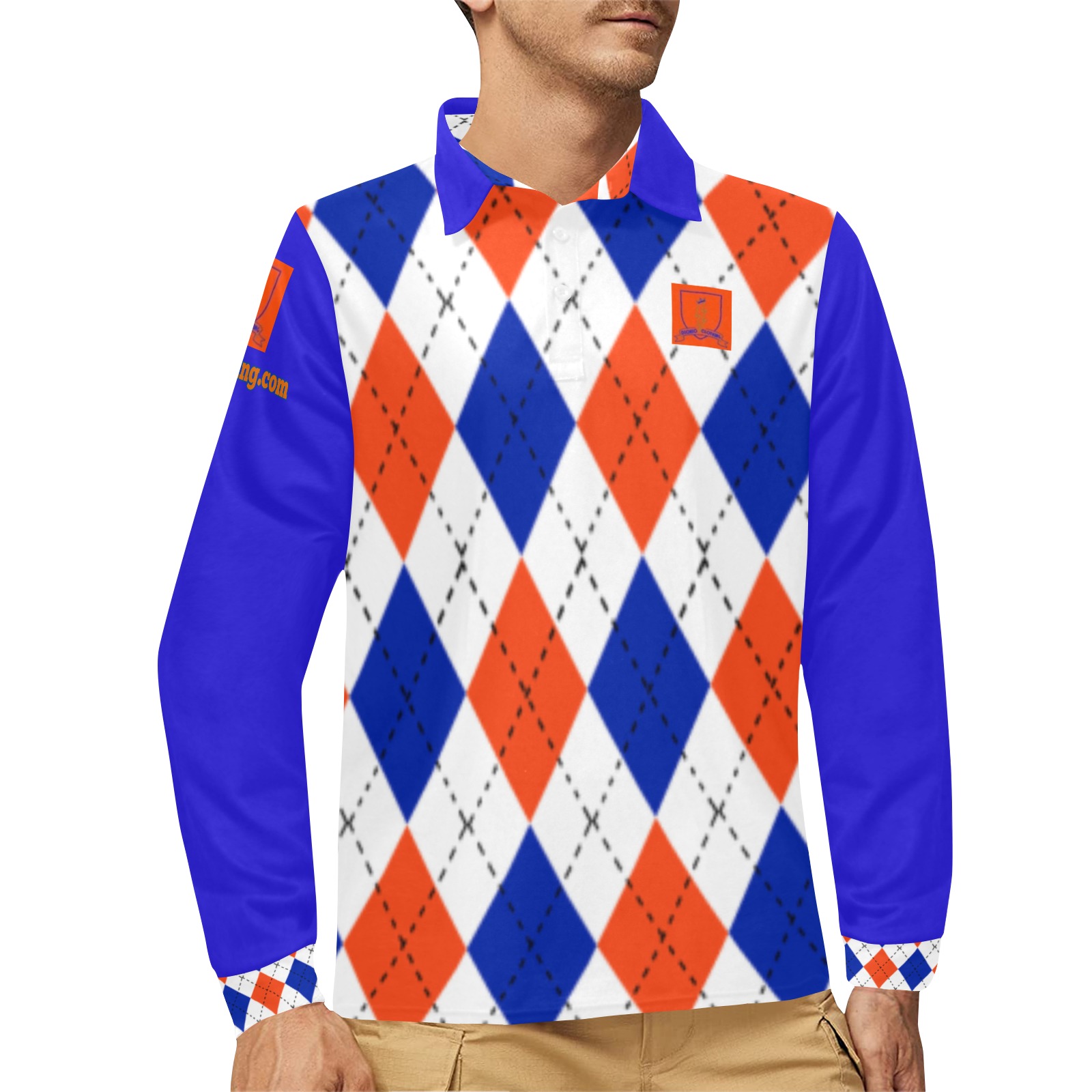 DIONIO Clothing - Argyle Blue ,Orange & White Long Sleeve Polo Shirt (Orange Lightning Shield) Men's Long Sleeve Polo Shirt (Model T73)