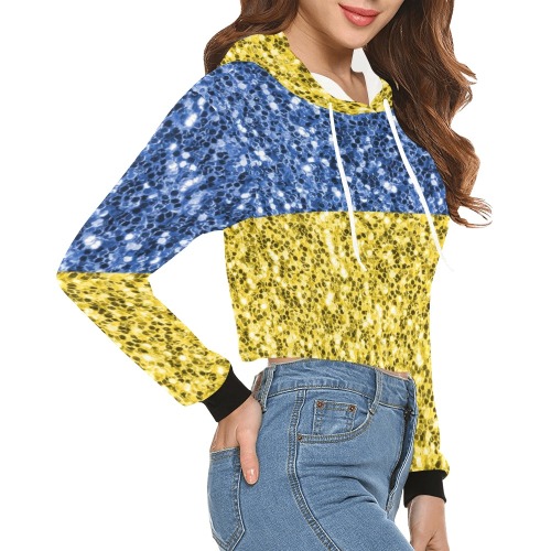 Blue yellow Ukraine flag glitter faux sparkles All Over Print Crop Hoodie for Women (Model H22)