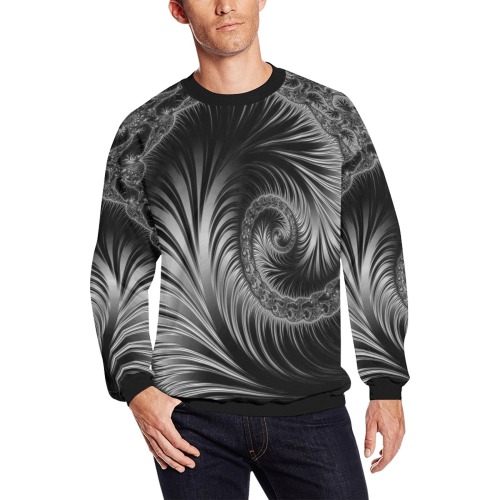 Black and Silver Spiral Fractal Abstract All Over Print Crewneck Sweatshirt for Men (Model H18)